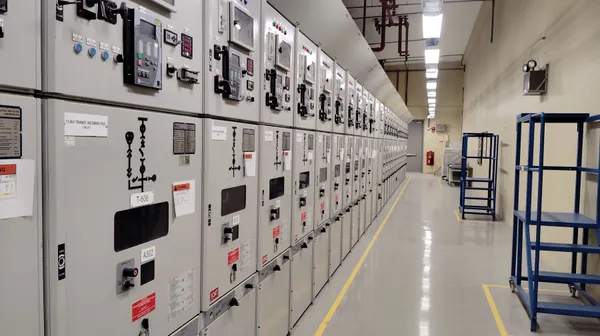 A row of electrical switchgear cabinets along a facility equipment-room aisle